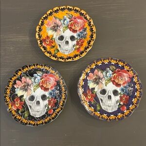 222 Fifth Marbella Skull Appetizer Plates (3) orange, black and purple